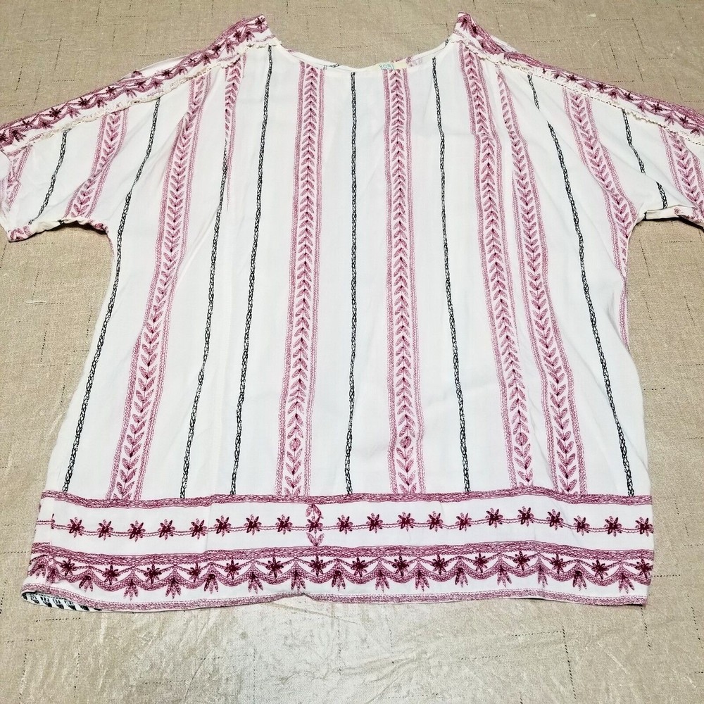 Women's Blouse Kori America Size Small Cream and Red Open Back Cold Shoulder